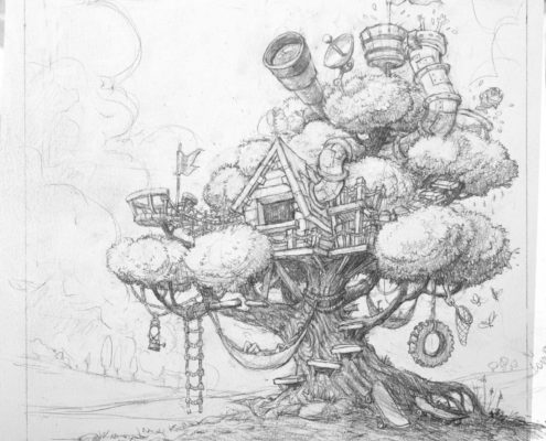 domek-na-drzewie Szkic okładki do gry, rys. Tomek Larek